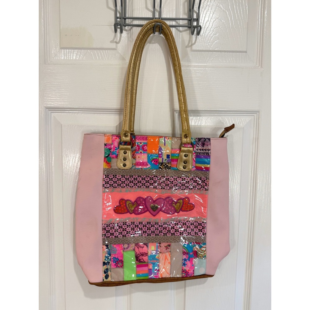 Patchwork Tote Bag Pink Novelty Heart Applique Gold Handle Purse